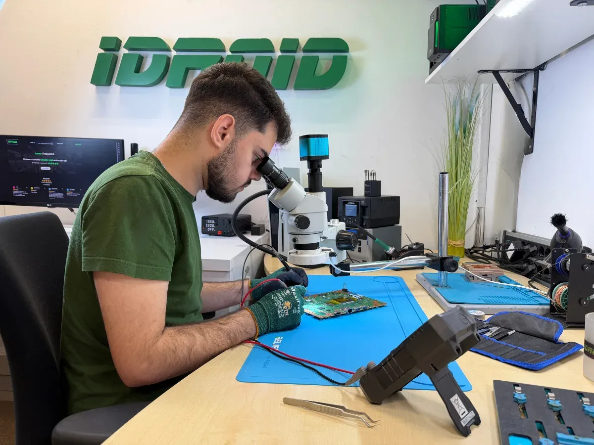 Tehnician la microscop peste o placă pe covorașul antistatic, cu penseta și stația de lipit alături