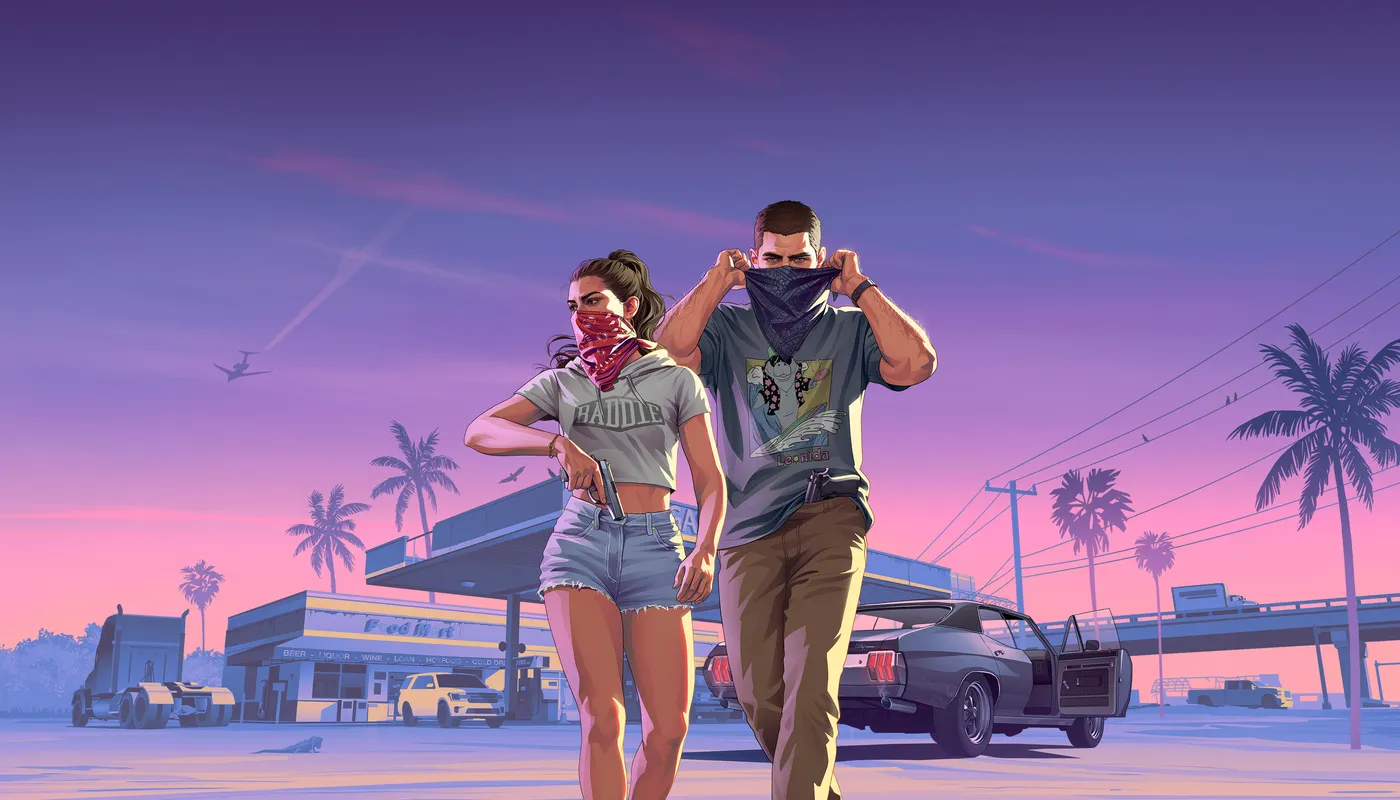 Artă oficială GTA VI: Lucia și Jason își trag bandanele pe față în fața unei benzinării, cu o mașină muscle cu ușa deschisă