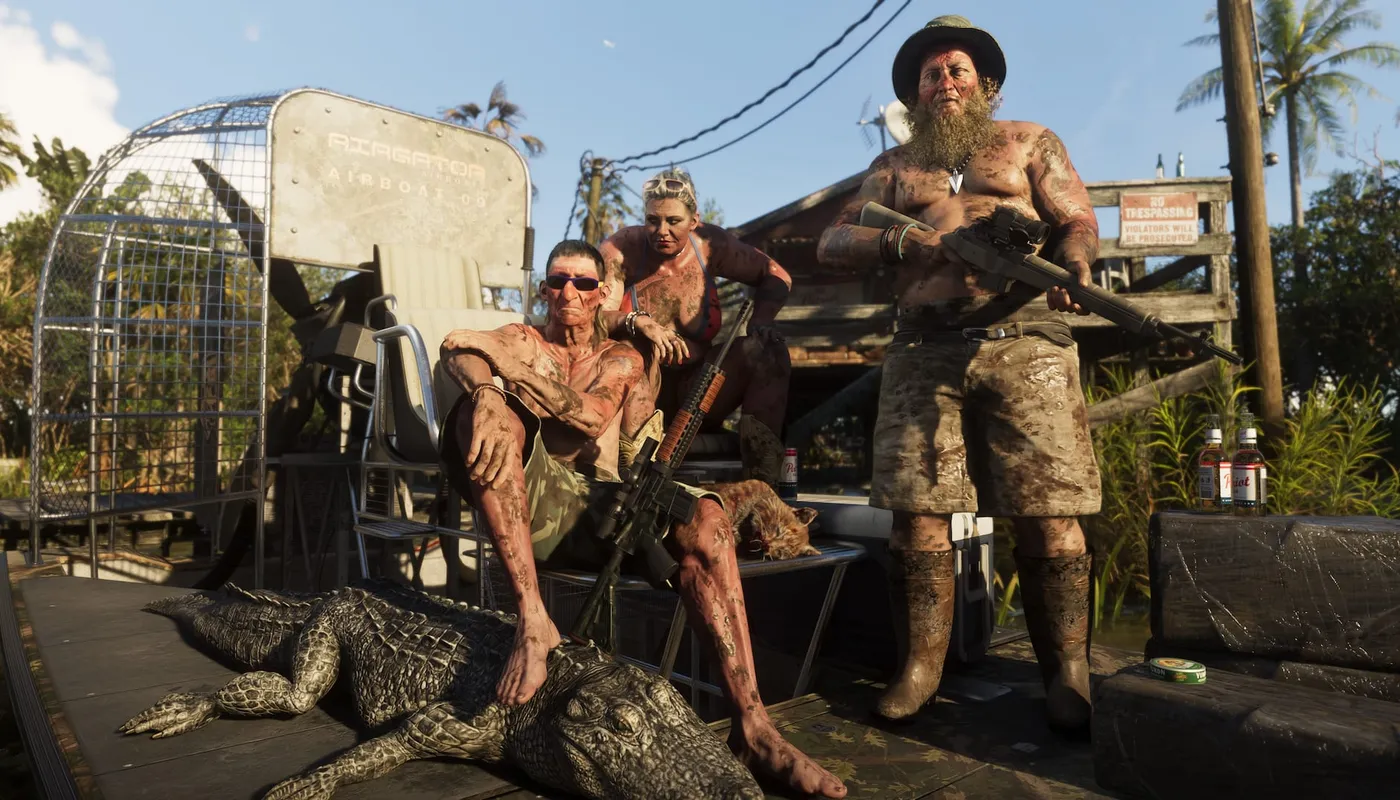 Captură din GTA VI: trei localnici plini de noroi pe un airboat în Grassrivers, cu un aligator la picioare