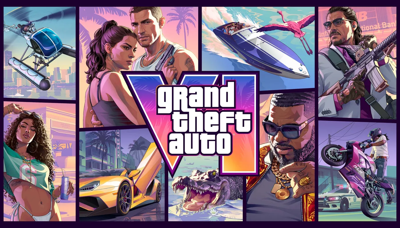 Colajul oficial GTA VI: Lucia și Jason, un elicopter, o barcă rapidă cu un flamingo, un aligator, un motociclist și logo-ul jocului