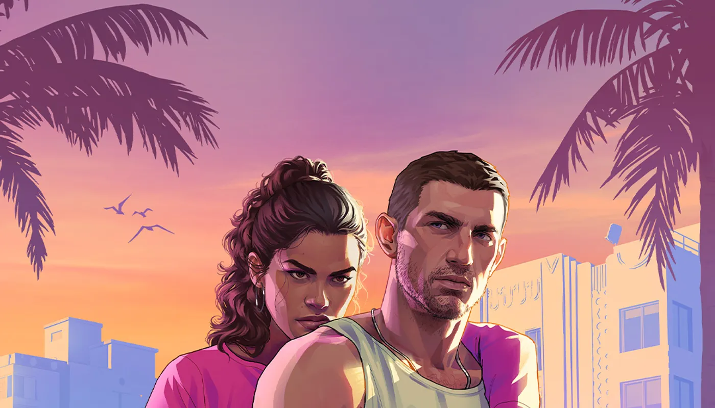 Artă oficială GTA VI: Lucia și Jason, umăr la umăr, la apus, cu palmieri și o clădire Art Deco în spate